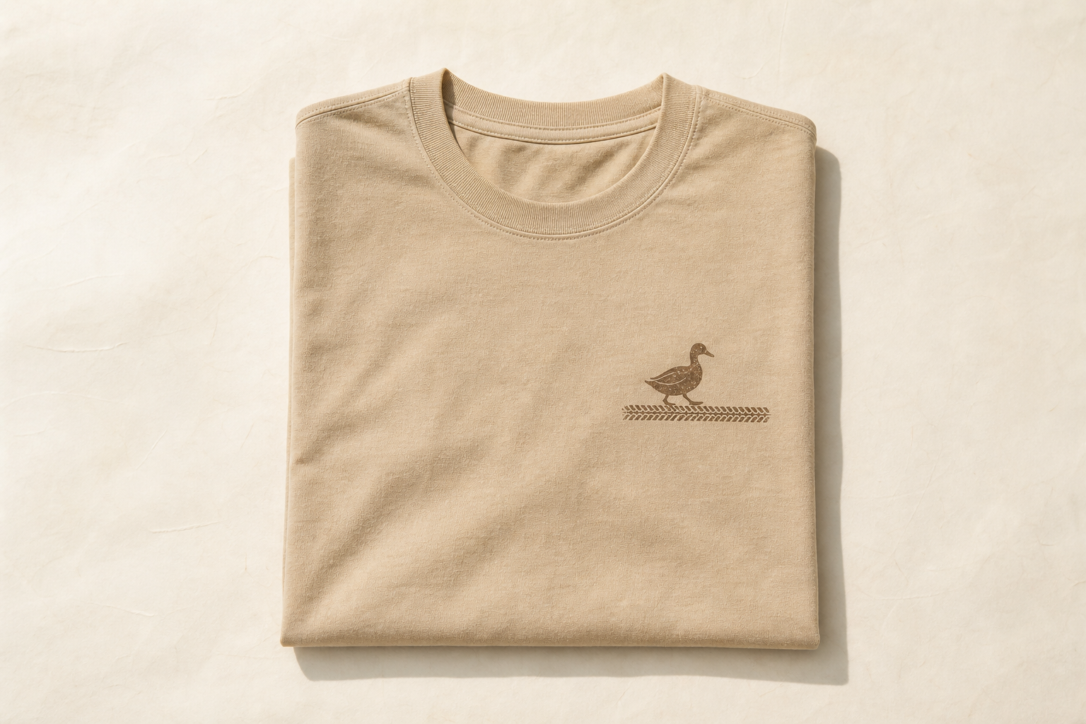 Sand tee with a small mud-brown duck over a tire track