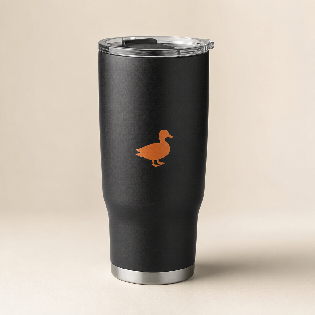 Matte black 20oz insulated tumbler with a small orange duck on the side